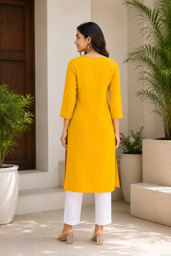 Women's Mustard Yellow Graphic Printed Straight Kurti