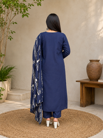 Navy Blue Floral Printed Kurta Pant with Dupatta Set