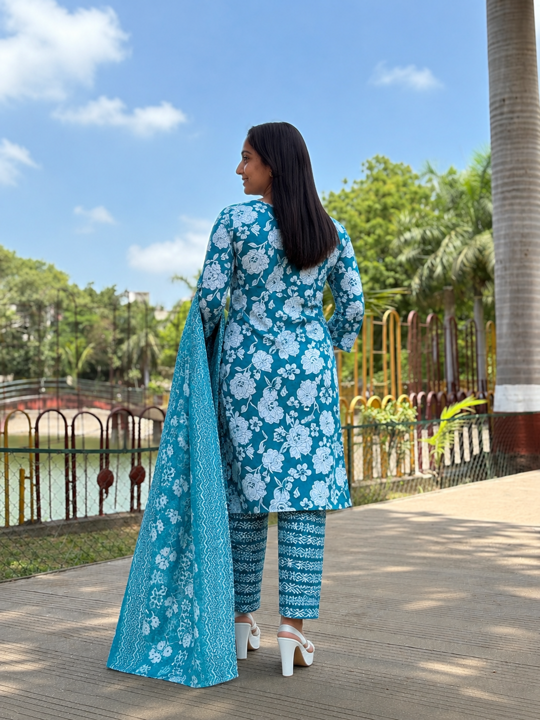 Women's Pure Cotton Floral Print Straight Kurta with Pant and Dupatta