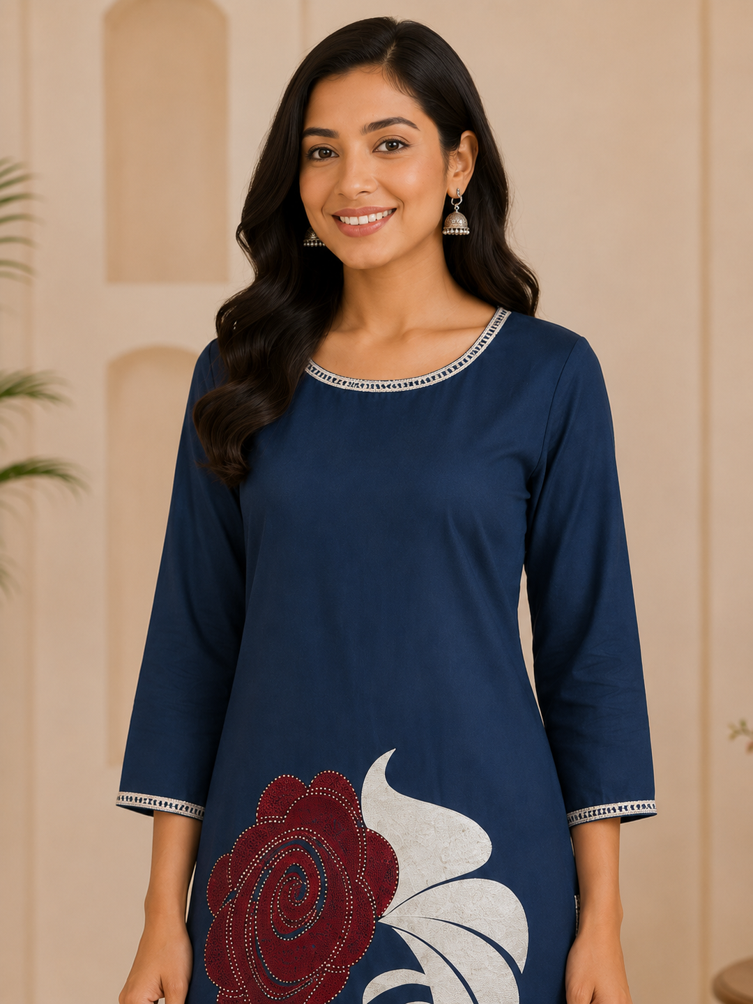 Women's Navy Blue Graphic Printed Straight Kurti
