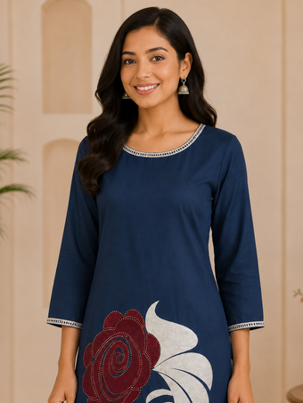 Women's Navy Blue Graphic Printed Straight Kurti