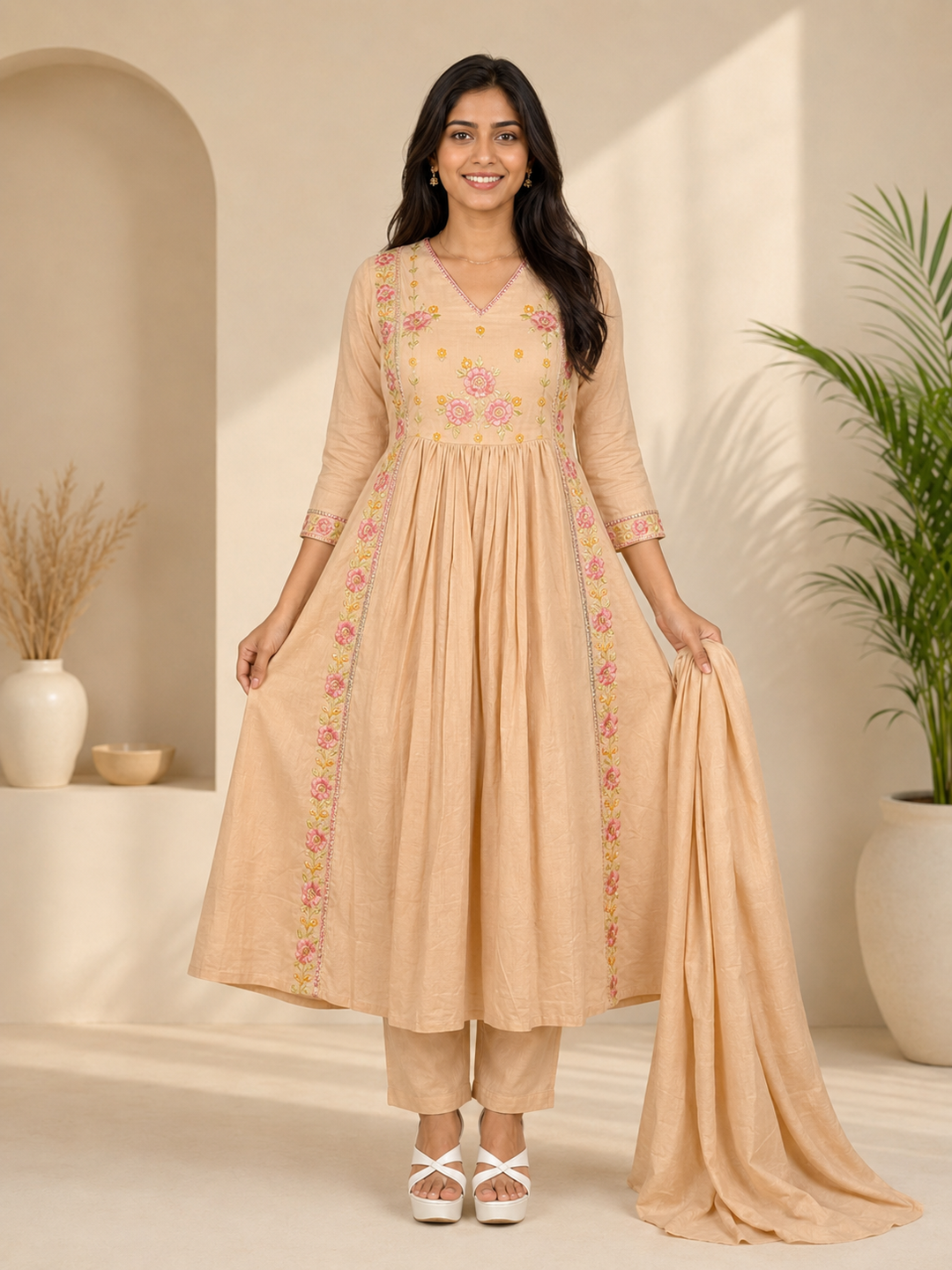 Beige Floral Embroidered Cotton Blend Anarkali Kurta Set with Dupatta