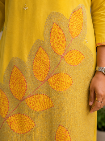 Women's Yellow Embroidered Straight Kurti