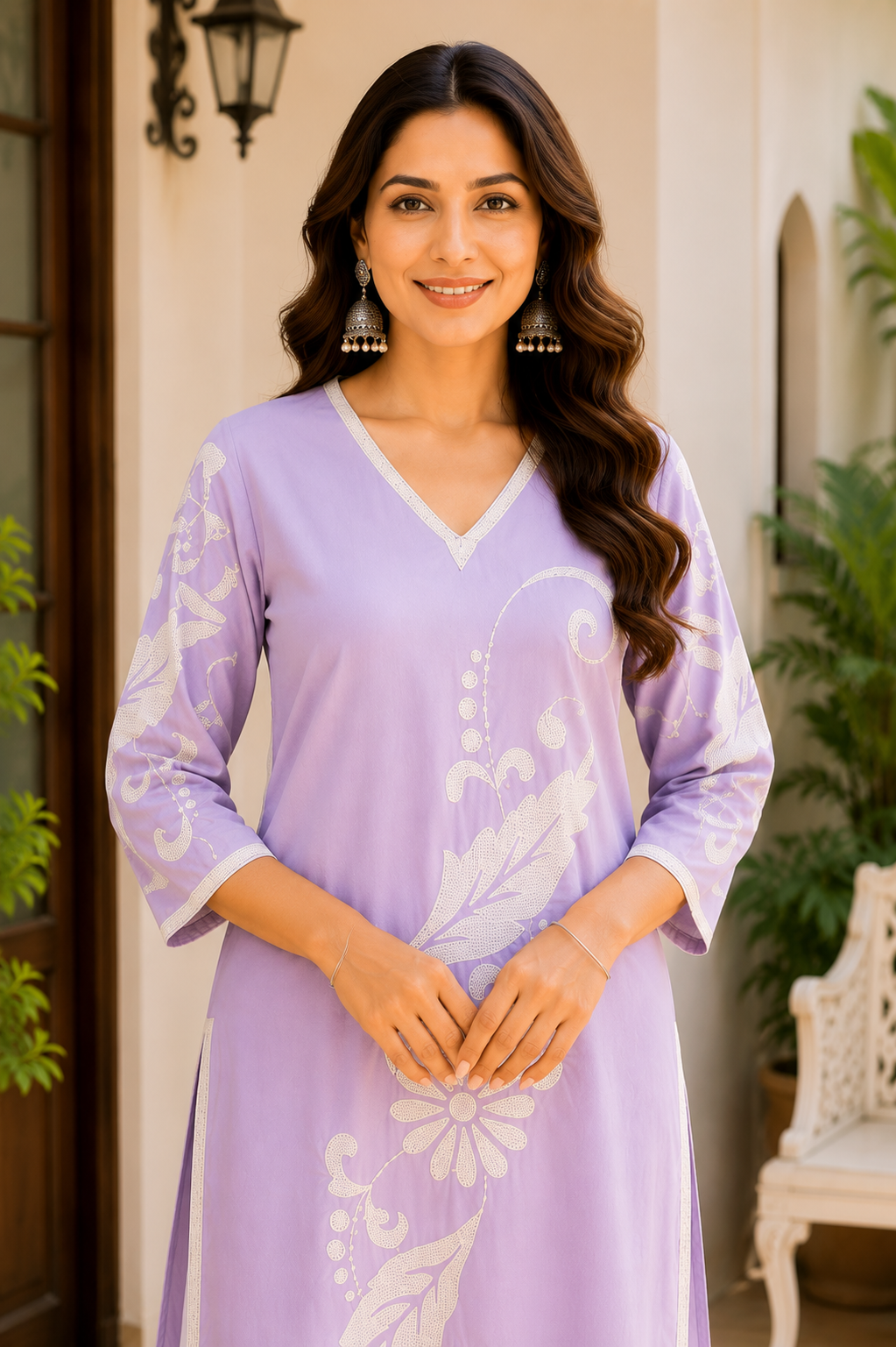 Women's Lavender Floral Printed Straight Kurti