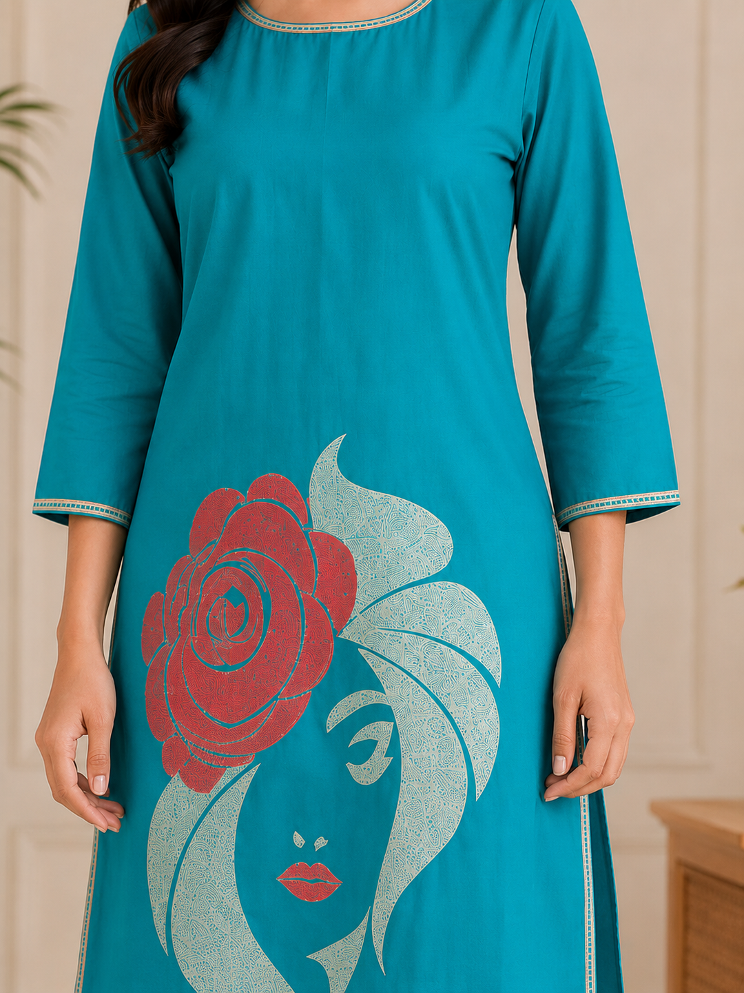 Women's Teal Blue Graphic Printed Straight Kurti