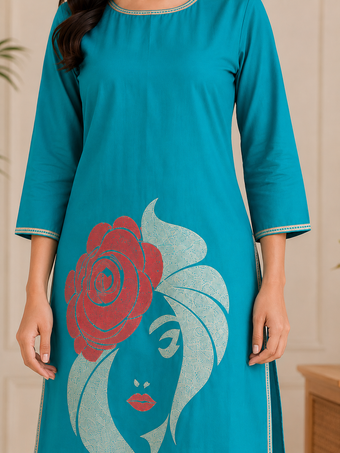 Women's Teal Blue Graphic Printed Straight Kurti