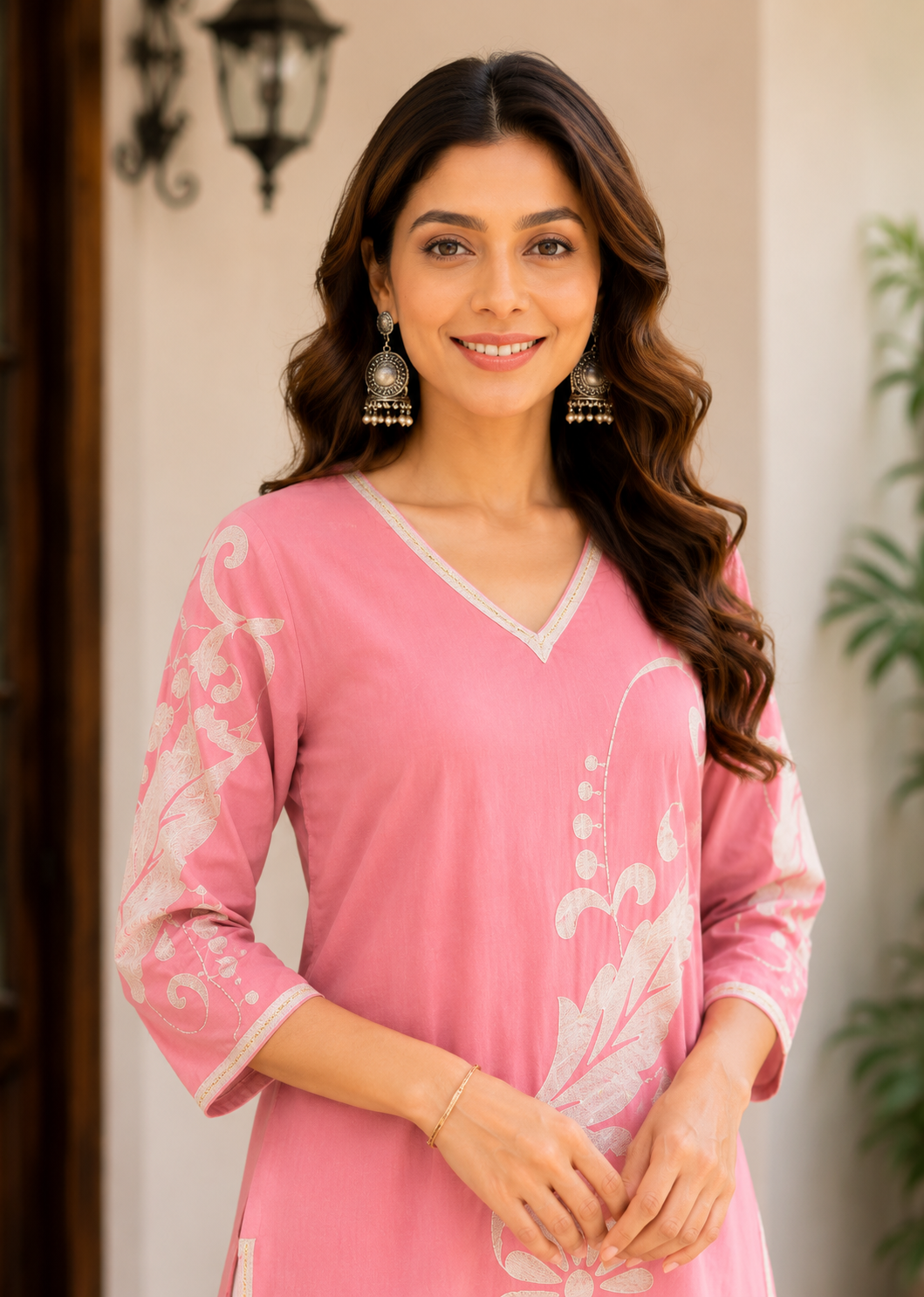 Women's Blush Pink Floral Printed Straight Kurti