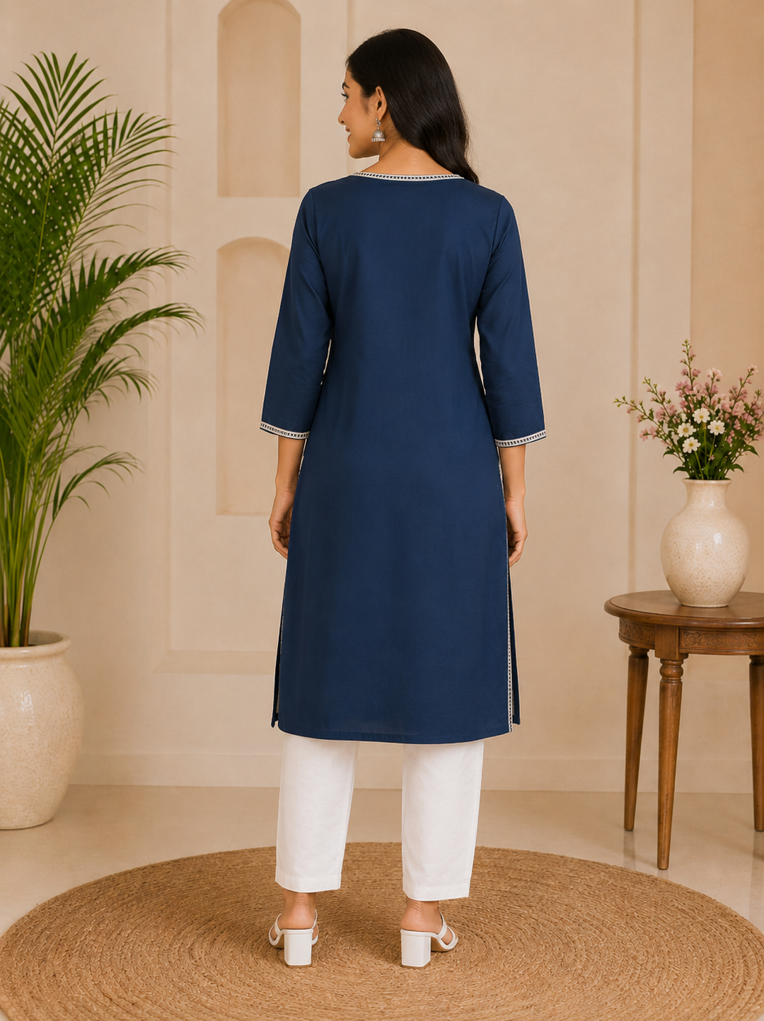 Women's Navy Blue Graphic Printed Straight Kurti
