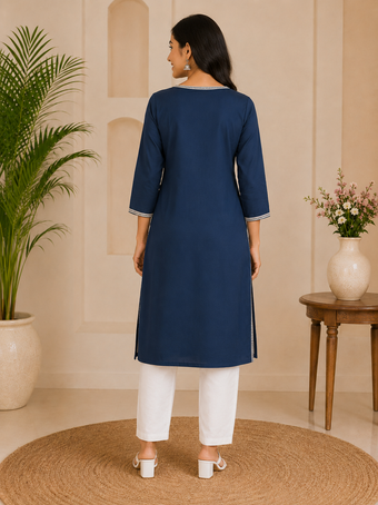 Women's Navy Blue Graphic Printed Straight Kurti