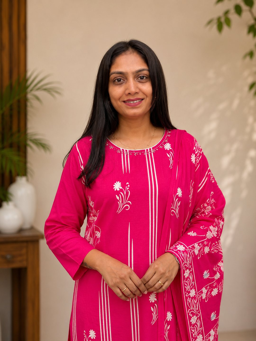 Rani Pink Floral Printed Kurta Set with Dupatta