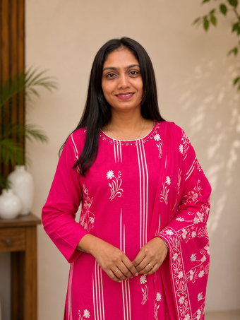 Rani Pink Floral Printed Kurta Set with Dupatta