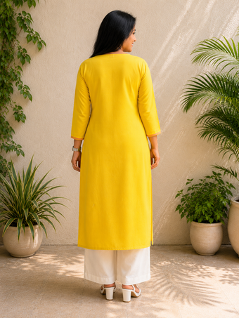 Women's Yellow Embroidered Straight Kurti
