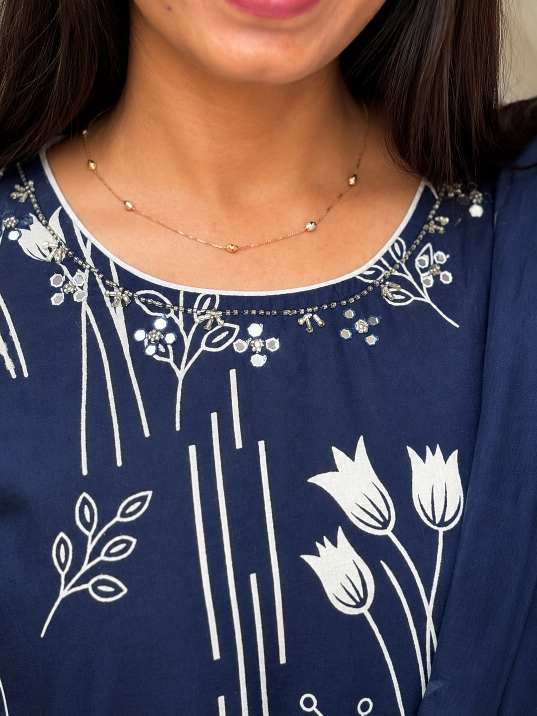 Navy Blue Floral Printed Kurta Pant with Dupatta Set