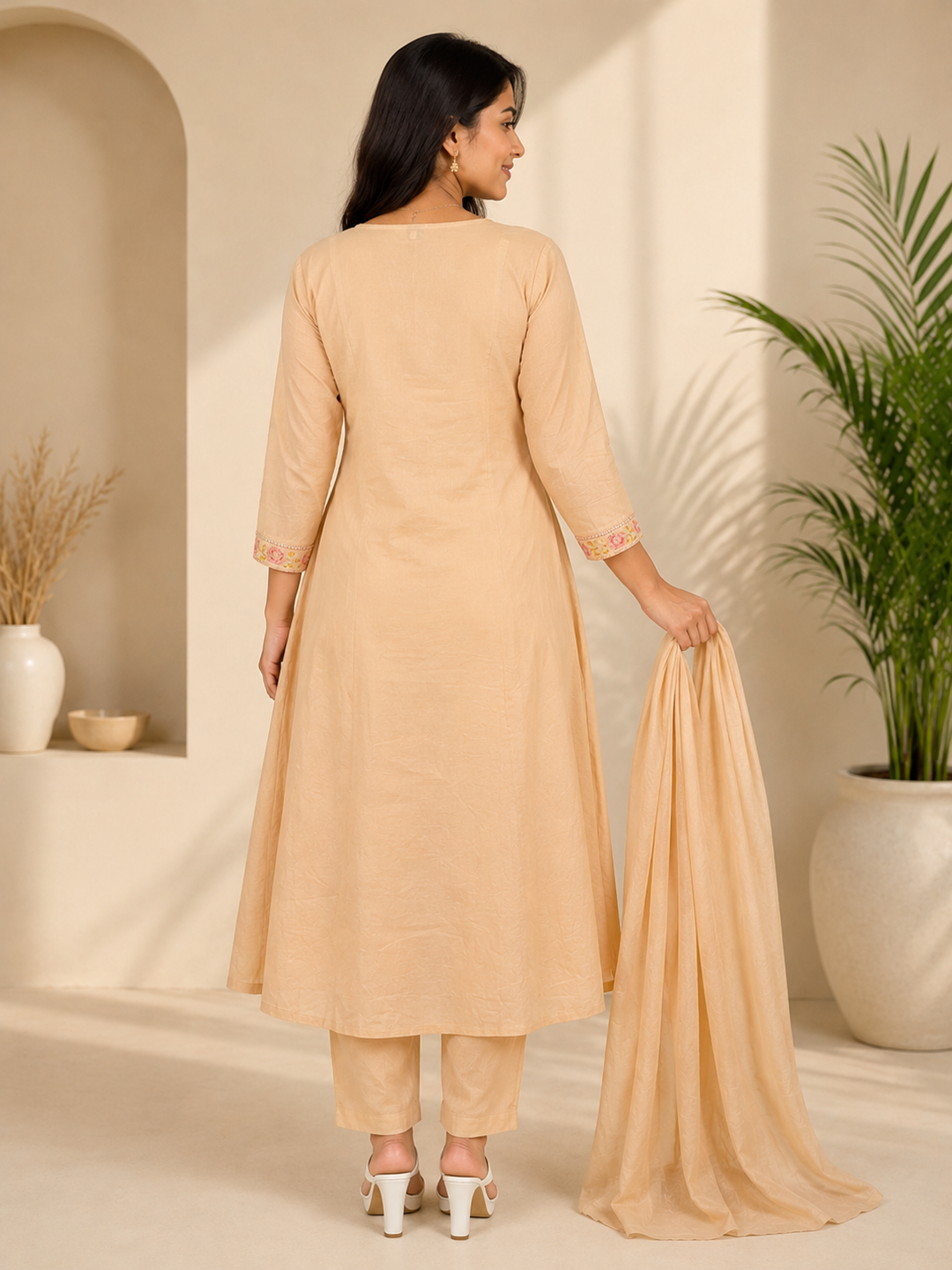 Beige Floral Embroidered Cotton Blend Anarkali Kurta Set with Dupatta
