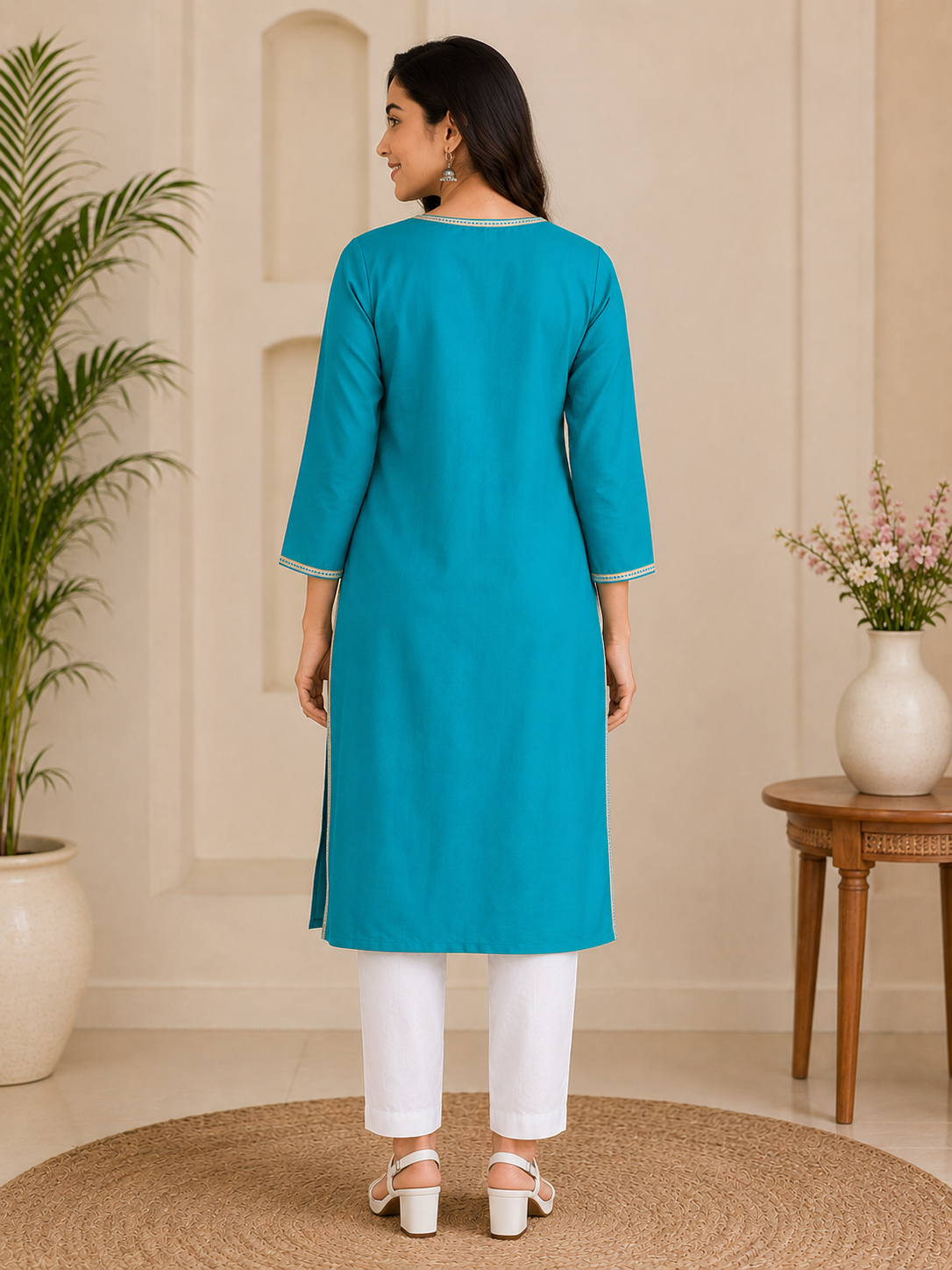 Women's Teal Blue Embroidered Work Straight Kurti