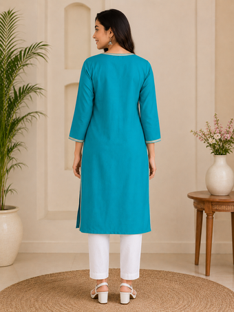 Women's Teal Blue Graphic Printed Straight Kurti