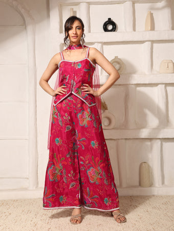 Rani Pink Embroidered Indo-Western Co-Ord Set with Dupatta