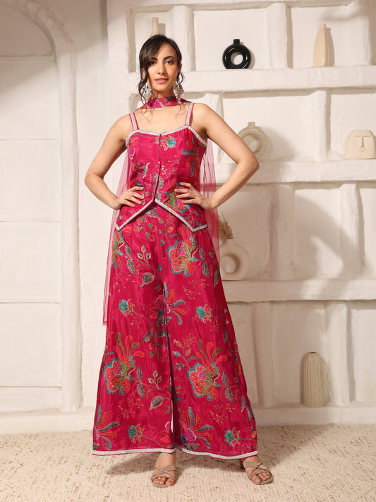 Rani Pink Embroidered Indo-Western Co-Ord Set with Dupatta