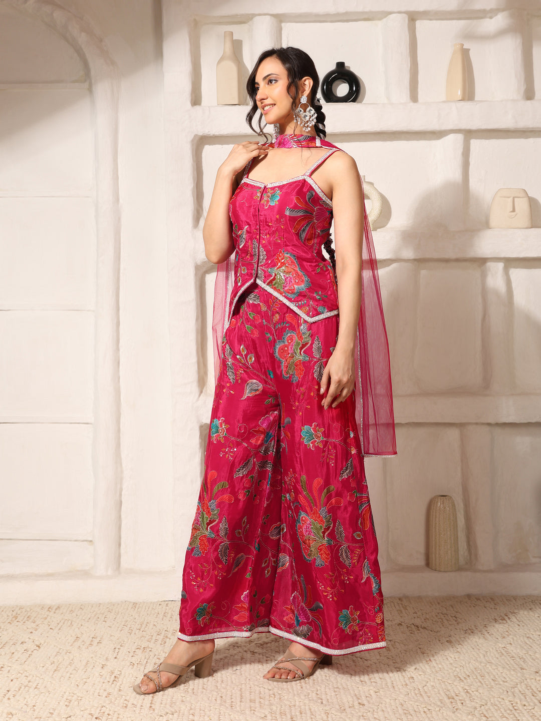 Rani Pink Embroidered Indo-Western Co-Ord Set with Dupatta