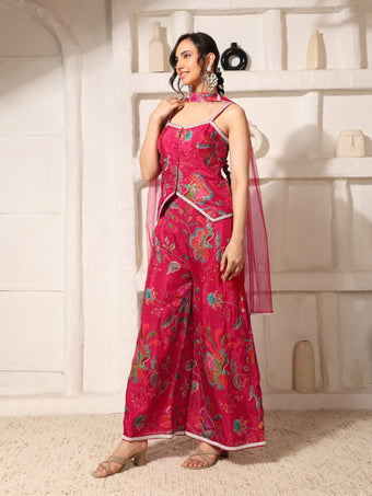 Rani Pink Embroidered Indo-Western Co-Ord Set with Dupatta