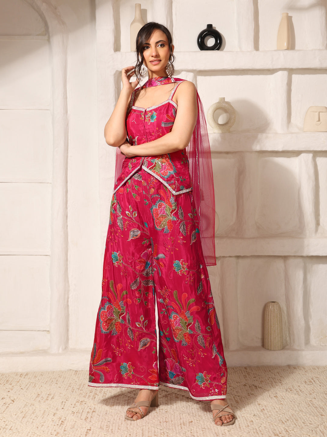 Rani Pink Embroidered Indo-Western Co-Ord Set with Dupatta