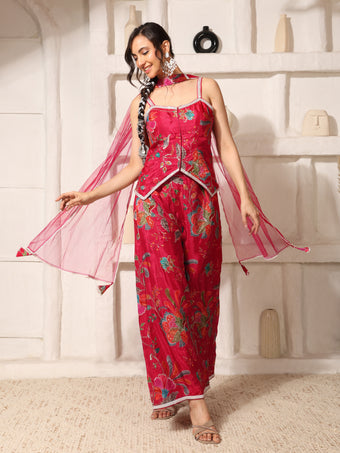 Rani Pink Embroidered Indo-Western Co-Ord Set with Dupatta