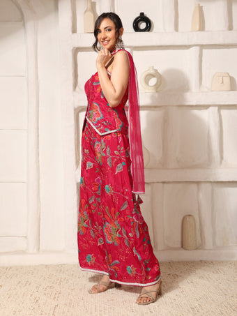 Rani Pink Embroidered Indo-Western Co-Ord Set with Dupatta