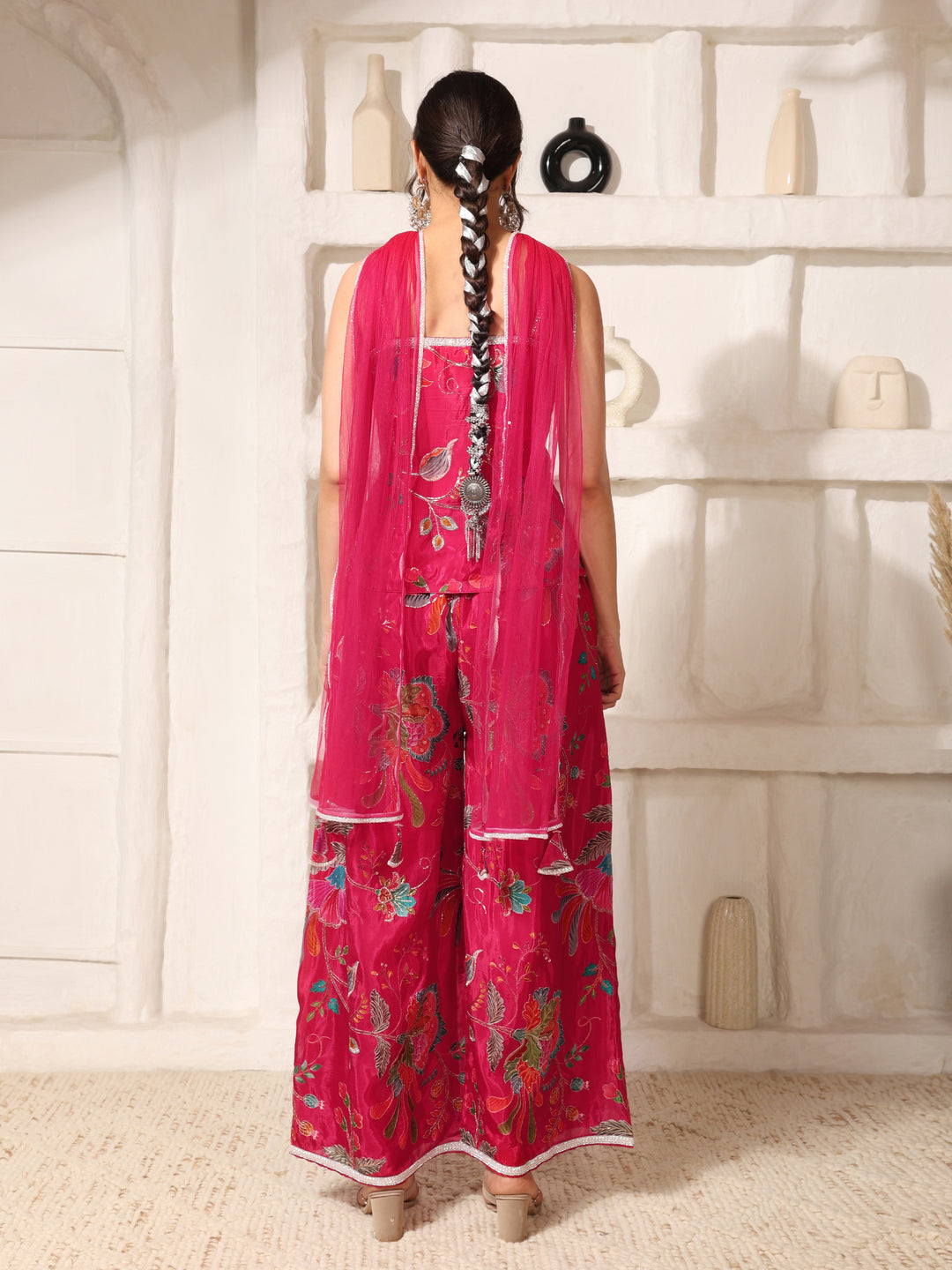 Rani Pink Embroidered Indo-Western Co-Ord Set with Dupatta