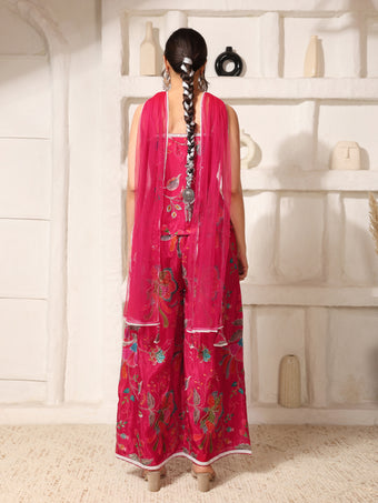 Rani Pink Embroidered Indo-Western Co-Ord Set with Dupatta