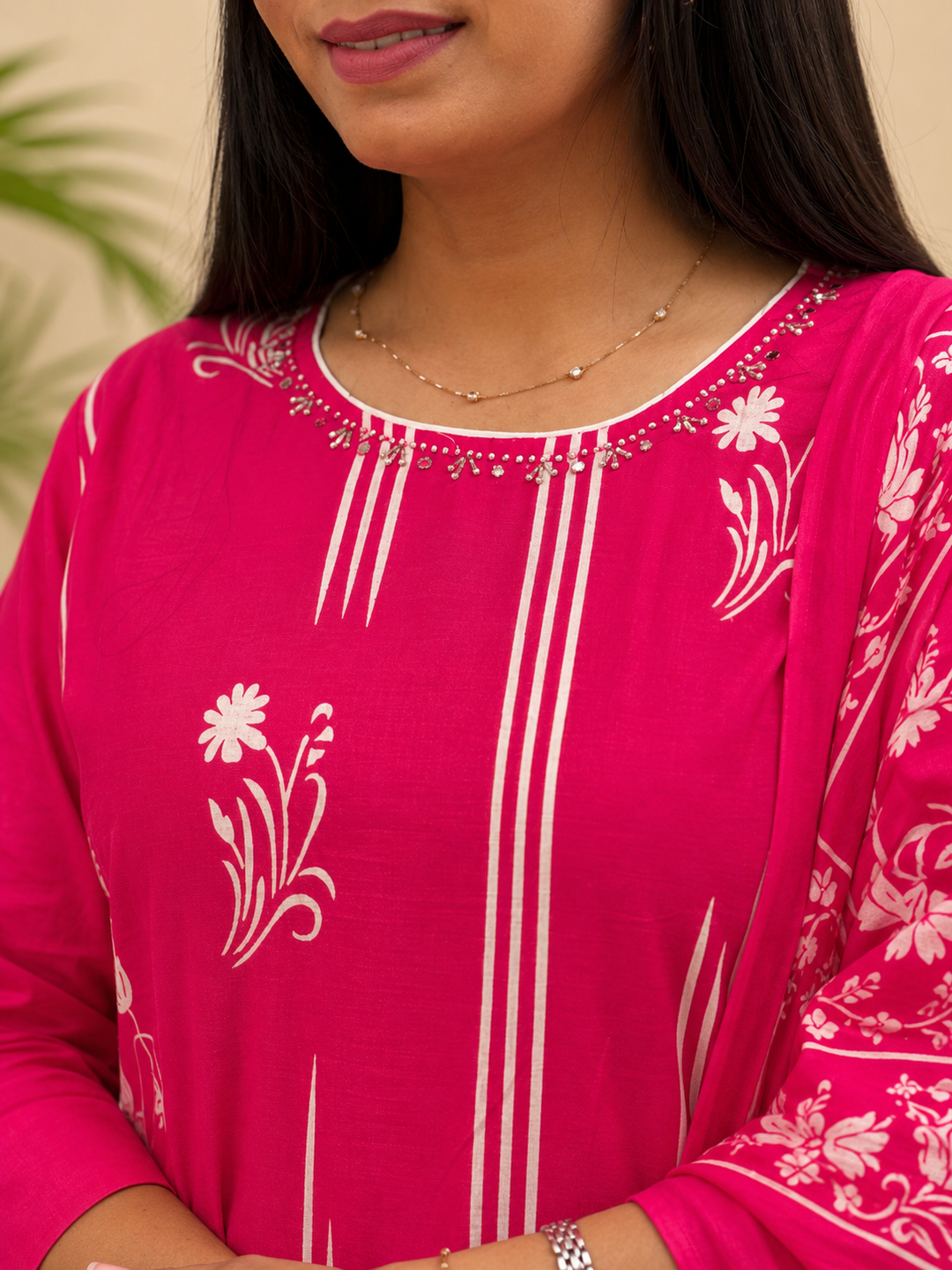 Rani Pink Floral Printed Kurta Set with Dupatta