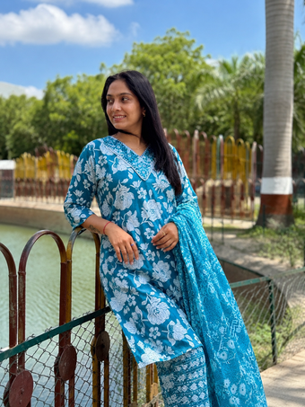 Women's Pure Cotton Floral Print Straight Kurta with Pant and Dupatta
