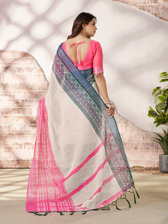 Stylish Digital Print Saree in Off-White with Pink Accents