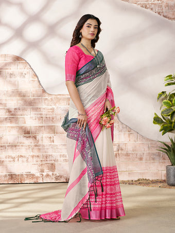 Stylish Digital Print Saree in Off-White with Pink Accents