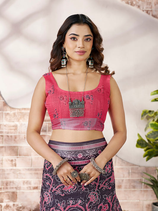 Premium Charcoal Grey Digital Print Saree with Pink Pallu