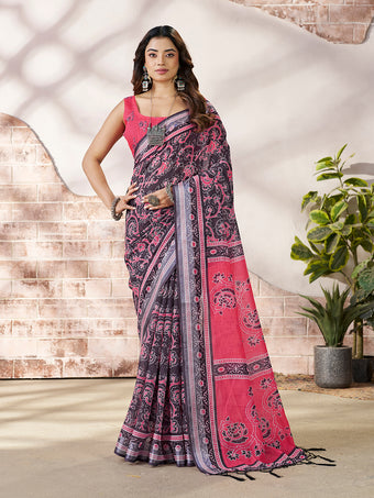 Premium Charcoal Grey Digital Print Saree with Pink Pallu