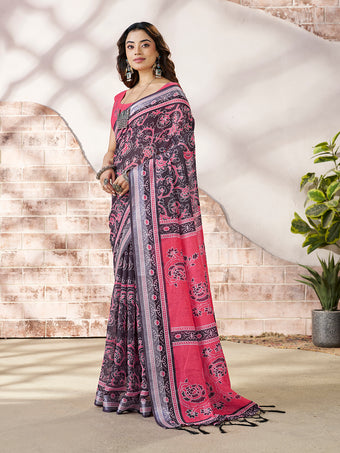 Premium Charcoal Grey Digital Print Saree with Pink Pallu
