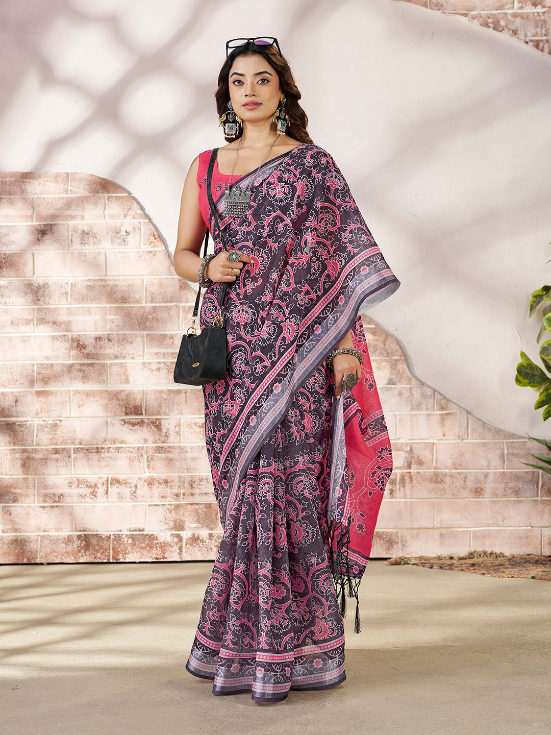 Premium Charcoal Grey Digital Print Saree with Pink Pallu