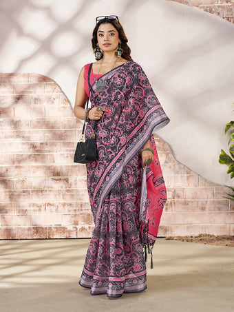 Premium Charcoal Grey Digital Print Saree with Pink Pallu