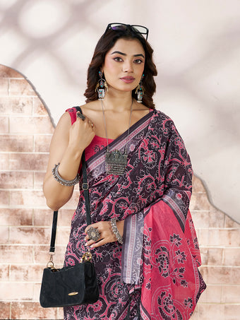 Premium Charcoal Grey Digital Print Saree with Pink Pallu