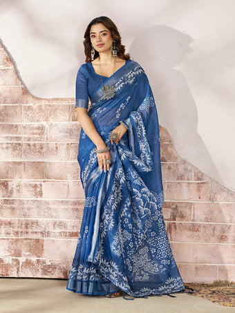 Premium Blue Designer Digital Print Saree