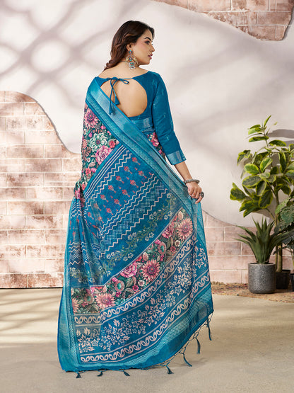 Stylish Teal Blue Printed Saree with Border Detail