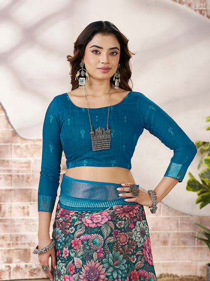 Stylish Teal Blue Printed Saree with Border Detail
