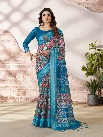 Stylish Teal Blue Printed Saree with Border Detail