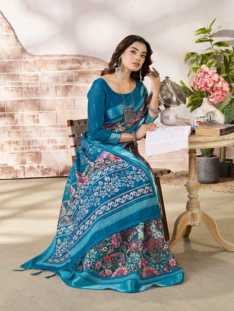 Stylish Teal Blue Printed Saree with Border Detail