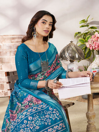 Stylish Teal Blue Printed Saree with Border Detail