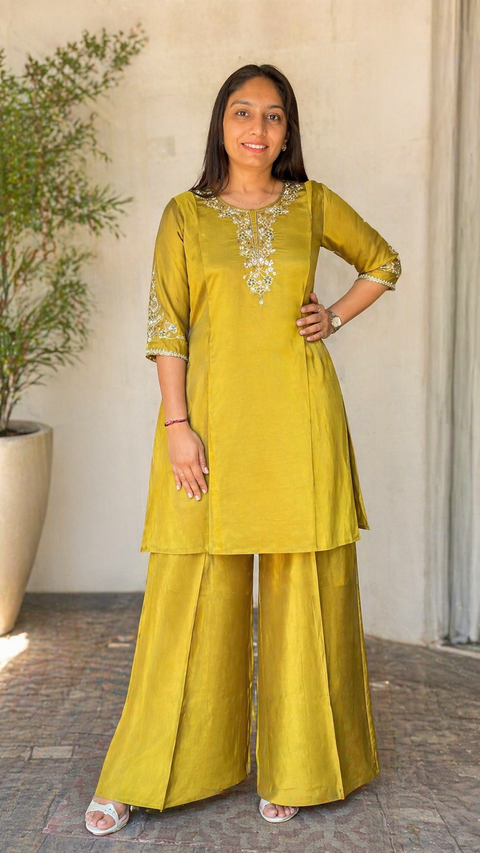 Elegant Kurti with Palazzo Set Featuring Embroidered with Hand Work