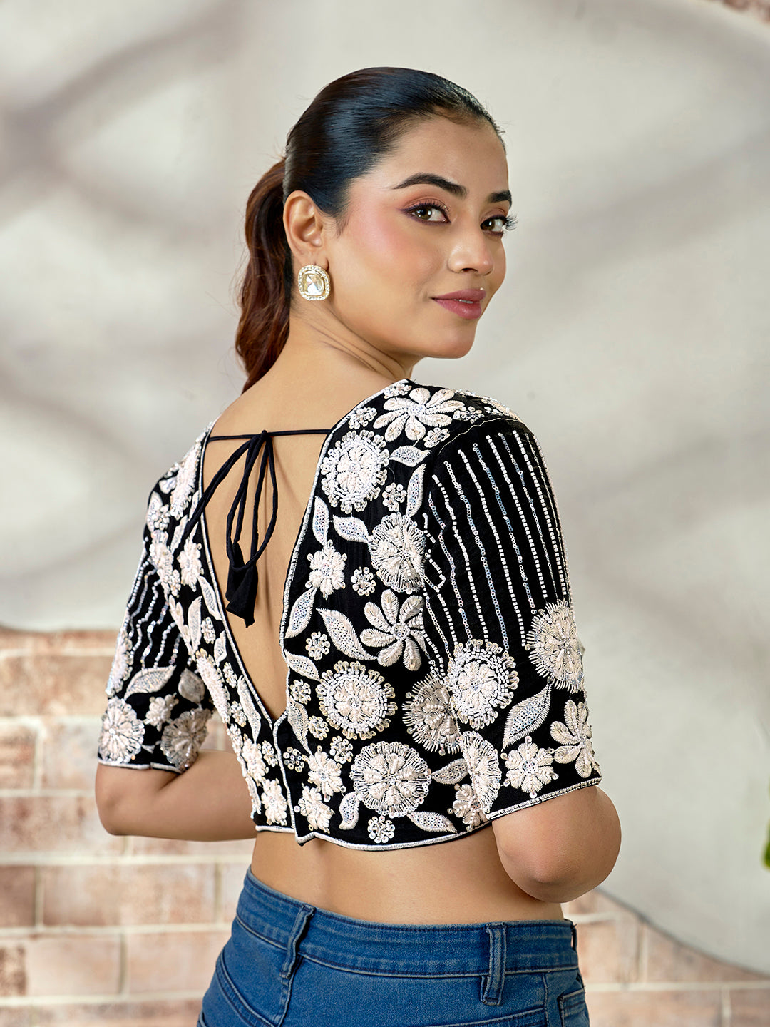 Elegant Black Embroidered Beads Blouse – Premium Blueberry Fabric