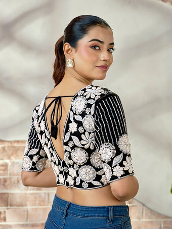 Elegant Black Embroidered Beads Blouse – Premium Blueberry Fabric