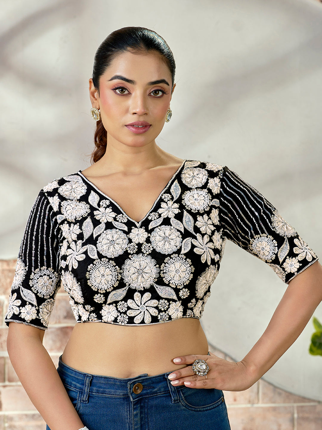 Elegant Black Embroidered Beads Blouse – Premium Blueberry Fabric