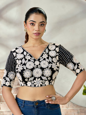 Elegant Black Embroidered Beads Blouse – Premium Blueberry Fabric